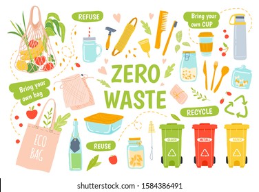 Ecology reusables. Zero waste, recycle and reusable products. Wooden toothbrush and hairbrush, glass jars, keep cap and eco grocery bag vector illustration set. Waste sorting. Refuse plastic idea