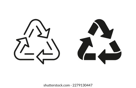 Ecology Reuse Triangle Arrow Line and Silhouette Icon Set. Organic Recycle Pictogram. Bio Recycling Natural Symbol Collection on White Background. Organic Waste. Isolated Vector Illustration.