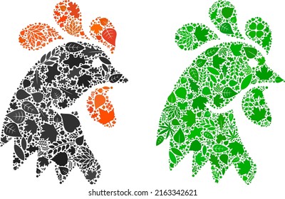 Ecology rooster head icon composition of herbal leaves in green and natural color shades. Ecological environment vector concept for rooster head icon.