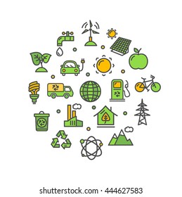 Ecology Round Design Template Thin Line Icon Set Isolated on White Background. Vector illustration
