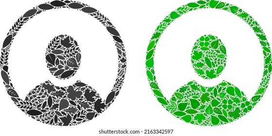 Ecology rounded user portrait icon mosaic of herbal leaves in green and natural color shades. Ecological environment vector template for rounded user portrait icon.
