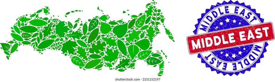 Ecology Russia map collage of herbal leaves in green color hues and grunge bicolor Middle East stamp. Red and blue bicolored stamp with grunge surface and Middle East word.