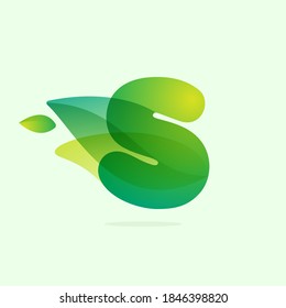 Ecology S letter logo with green leaves. Vector watercolor typeface for agriculture labels, botanical headlines, herbal posters, foliage identity etc.