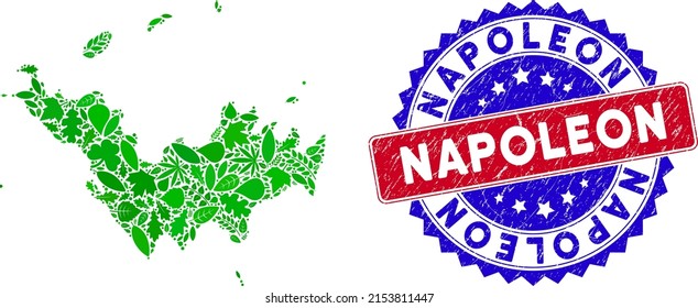 Ecology Saint Barthelemy map collage of herbal leaves in green color hues and grunge bicolor Napoleon seal stamp. Red and blue bicolored stamp with unclean style and Napoleon caption.