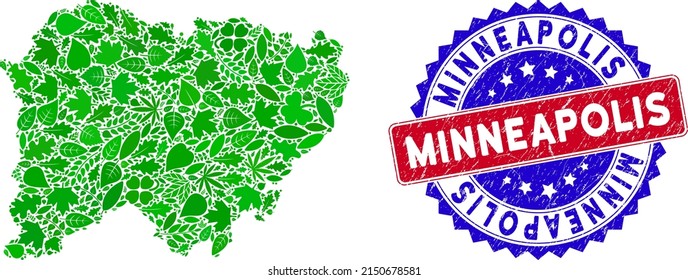 Ecology Salamanca Province map mosaic of floral leaves in green color variations with grunge bicolor Minneapolis seal. Red and blue bicolored stamp with rubber texture and Minneapolis tag.