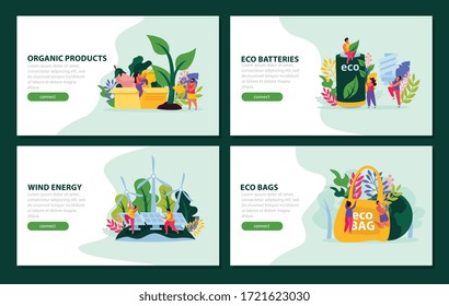 Ecology and save nature concept flat 4x1 collection of horizontal banners with clickable button and text vector illustration