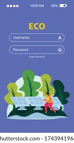 Ecología y guardar el concepto de naturaleza fondo vertical plano con imágenes y campos para la ilustración del vector de nombre de usuario y contraseña