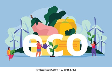 Ecology and save nature concept flat composition of text and organic products windmills and doodle people vector illustration