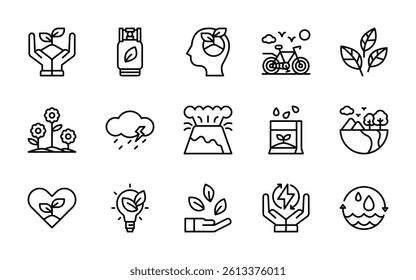 ecology save the planet ecosystem nature icons. outline minimal style icon set