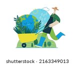 Ecology - Save the planet -Modern flat vector concept illustration of a gardener wearing a hat, apron and boots carrying a garden cart with a globe inside. Creative landing web page illustartion