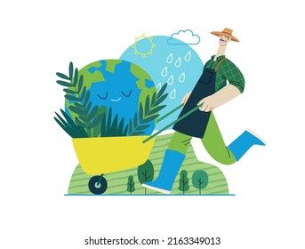 Ecology - Save the planet -Modern flat vector concept illustration of a gardener wearing a hat, apron and boots carrying a garden cart with a globe inside. Creative landing web page illustartion