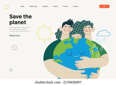 Ecology - Save the planet -Modern flat vector concept illustration of a gardener wearing a hat, apron and boots carrying a garden cart with a globe inside. Creative landing web page template