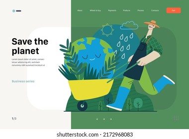 Ecología - Salvar el planeta - Ilustración moderna de un jardinero con sombrero, delantal y botas llevando un carrito de jardín con un globo interior. plantilla de página web de aterrizaje creativo