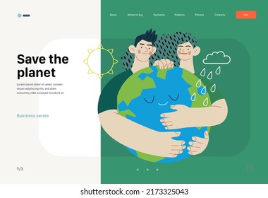 Ecology - Save the planet -Modern flat vector concept illustration of a gardener wearing a hat, apron and boots carrying a garden cart with a globe inside. Creative landing web page template