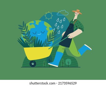 Ecology - Save the planet -Modern flat vector concept illustration of a gardener wearing a hat, apron and boots carrying a garden cart with a globe inside. Creative landing web page template