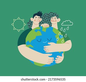 Ecology - Save the planet -Modern flat vector concept illustration of a couple embracing the globe. Creative landing web page template