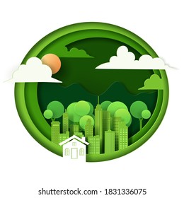 Ecology and save the world vector illustration concept, Green forest and City with nature paper art style. eps 10 vector.