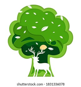 Ecology and save the world vector illustration concept.  Forest and deer wildlife with nature paper art style. eps 10 vector.