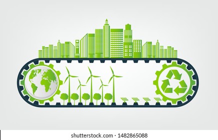 Ecology Saving Gear Concept And Environmental Sustainable Energy Development,Vector illustration