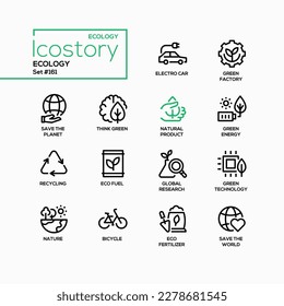Ecology and saving the planet - line design style icons set with editable stroke. Electro machine, recycling, green factory, organic food and fertilizer, eco fuel and energy, bike and nature care idea