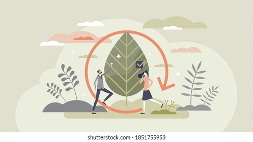 Ecology as saving sustainable green forest environment tiny person concept. Clean and nature friendly resources cycle. Natural organic recycling symbol with bio plant forestation vector illustration.