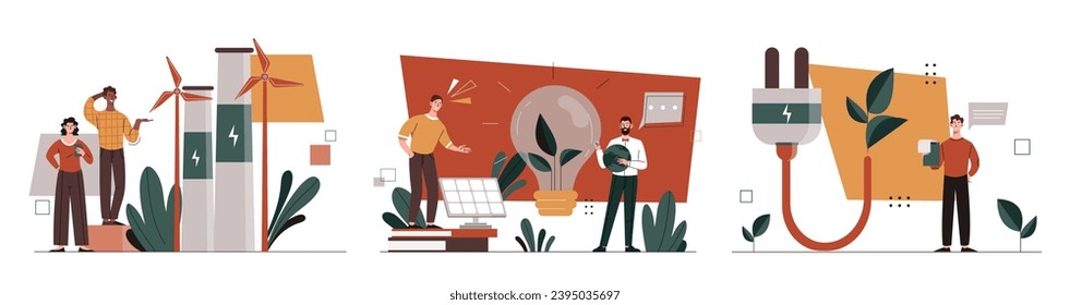 Ecology scenes set. Care about nature and environment. Zero waste and sustainable lifestyle. Alternative eco friendly energy sources. Cartoon flat vector collection isolated on white background