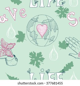 Ecology seamless background with human hand, butterfly, leaves and Earth globe with heart.  Hand drawn line art and doodle eco symbols, green world concept, environment protection theme