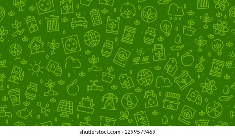 Ecology seamless pattern. Ecology background. Collection ecology icons. Pattern banner eco symbol elements. Green seamless pattern. Vector illustration