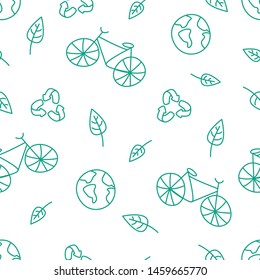 Ecology seamless pattern. Bicycle, planet Earth, leaves, recycling sign. Green on white background. Vector illustration in hand drawn style.