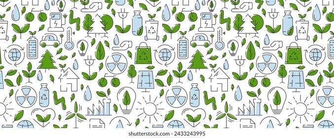 Patrón sin fisuras de la ecología, iconos coloridos de la línea. Ecología, mejora del medio ambiente, sostenibilidad, reciclaje, energías renovables. Banner de vector respetuoso del medio ambiente. Para la cubierta, papel de embalaje, impresión textil	