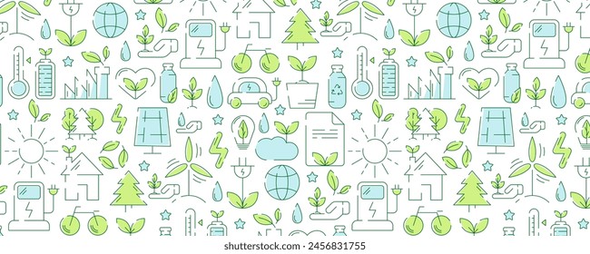 Ecology seamless pattern, colorful line icons. Environmental improvement, sustainability, recycle, renewable energy. Eco friendly vector banner. For cover, wrapping paper, textile print