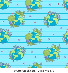 Ecology seamless pattern. Cute cartoon turtle character with planet Earth and flowers on blue striped background. Concept green life, conservation, protection nature and animals. Vector illustration