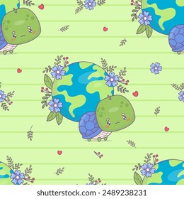 Ecology seamless pattern. Cute cartoon turtle with planet Earth and flowers on green striped background. Concept green life, conservation, protection nature and animals. Vector illustration