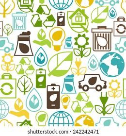 Ecology seamless pattern with environment, green energy and pollution icons.