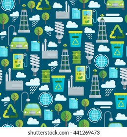 Ecology seamless pattern with factory lightbulb bio fuel electric car recycling garbage on blue background vector illustration