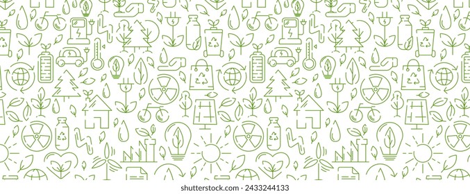 Ecology seamless pattern, green line icons. Ecology environment improvement, sustainability, recycle, renewable energy. Eco friendly vector banner. For cover, wrapping paper, textile print	