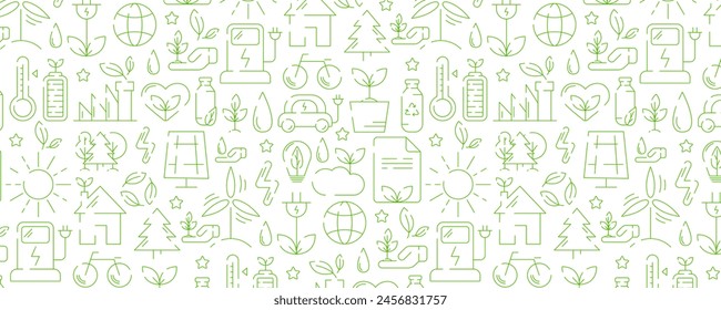 Ecology seamless pattern, green linear icons. Environmental improvement, sustainability, recycle, renewable energy. Eco friendly vector banner. For cover, wrapping paper, textile print.