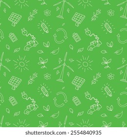 Ecology seamless pattern hand drawn doodle objects and symbols environmental improvement, recycling and renewable energy eco friendly isolated on green background for covers, wrapping paper, textile