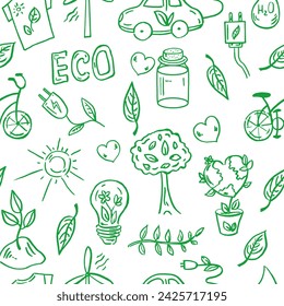 Ecology seamless pattern. Hand-drawn doodle vector illustration. Ecology problem, recycling and green energy icons. Environmental symbols.