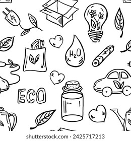 Patrón sin fisuras de ecología. Dibujado a mano doodle ilustración vectorial. Problema ecológico, reciclaje e iconos de energía verde. Símbolos ambientales.