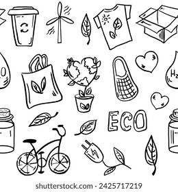 Ecology seamless pattern. Hand-drawn doodle vector illustration. Ecology problem, recycling and green energy icons. Environmental symbols.