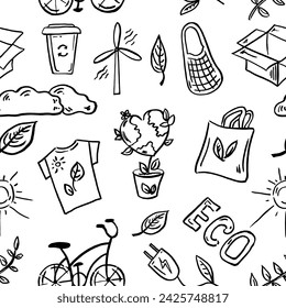 Ecology seamless pattern. Hand-drawn doodle vector illustration. Ecology problem, recycling and green energy icons. Environmental symbols.