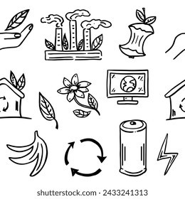 Ecology seamless pattern. Hand-drawn doodle vector illustration. Ecology problem, recycling and green energy icons. Environmental symbols.	