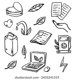 Ecology seamless pattern. Hand-drawn doodle vector illustration. Ecology problem, recycling and green energy icons. Environmental symbols.	
