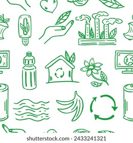 Ecology seamless pattern. Hand-drawn doodle vector illustration. Ecology problem, recycling and green energy icons. Environmental symbols.	