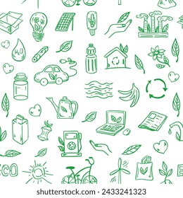 Patrón sin fisuras de ecología. Dibujado a mano doodle ilustración vectorial. Problema ecológico, reciclaje e iconos de energía verde. Símbolos ambientales.	