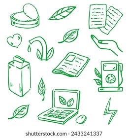 Ecology seamless pattern. Hand-drawn doodle vector illustration. Ecology problem, recycling and green energy icons. Environmental symbols.	