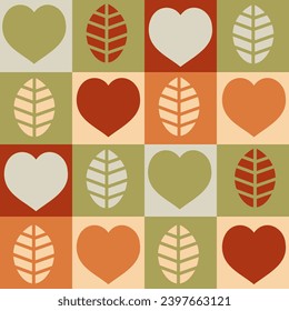 Ecology seamless pattern with heart and leaf. Modern geometrical endless background in Bauhaus style. 