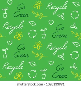 Ecology Seamless Pattern With Recycle And Go Green Lettering And Eco Symbols