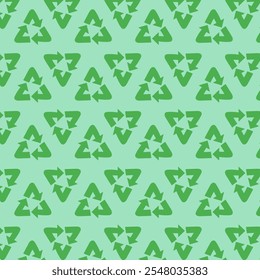 Ecologia padrão sem emenda. Ícone de reciclagem repete em verde. Conceito de proteção ambiental. Tampa, papel de embrulho, estampagem têxtil. Ilustração vetorial.